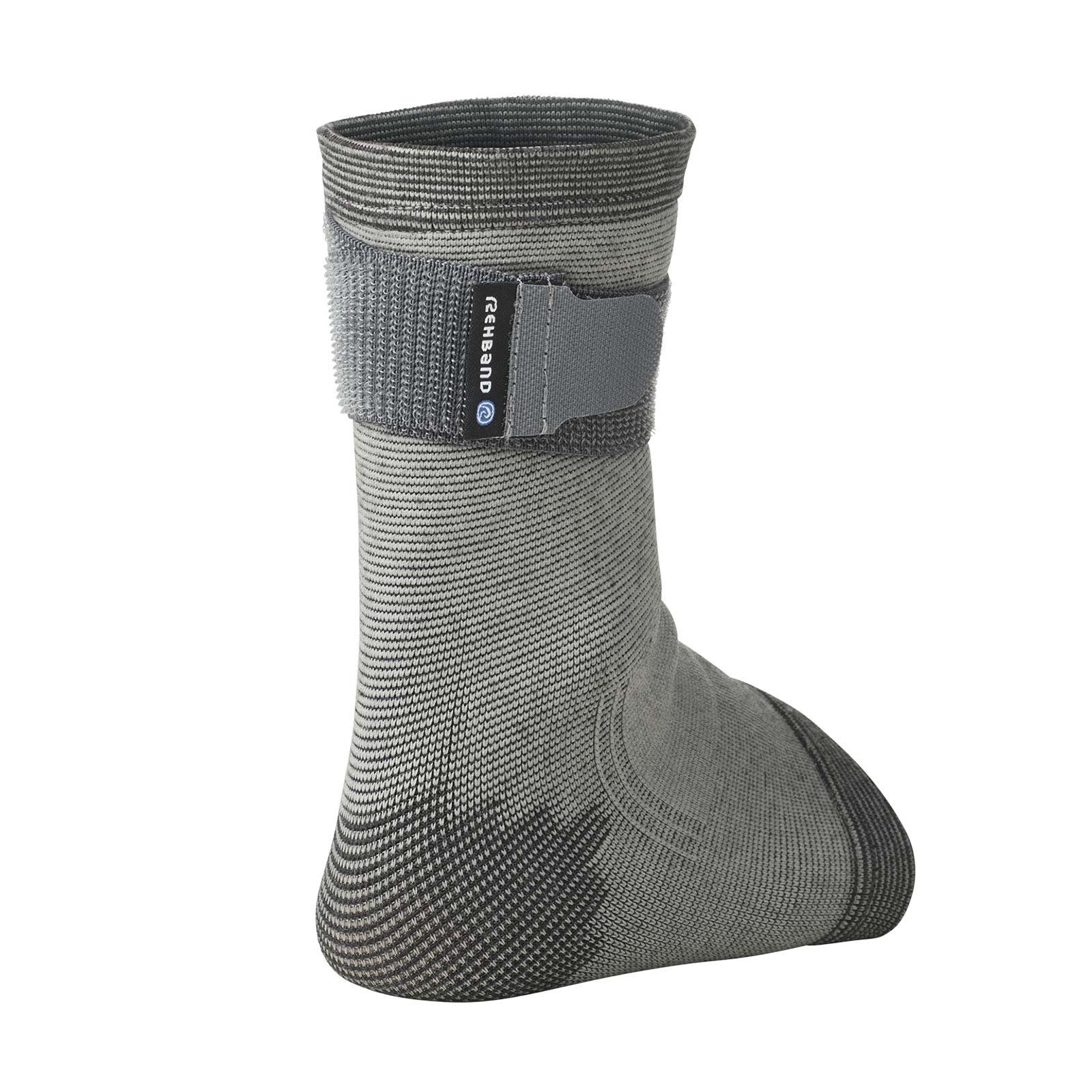 A grey knitted ankle sleeve with an adjuster at the top