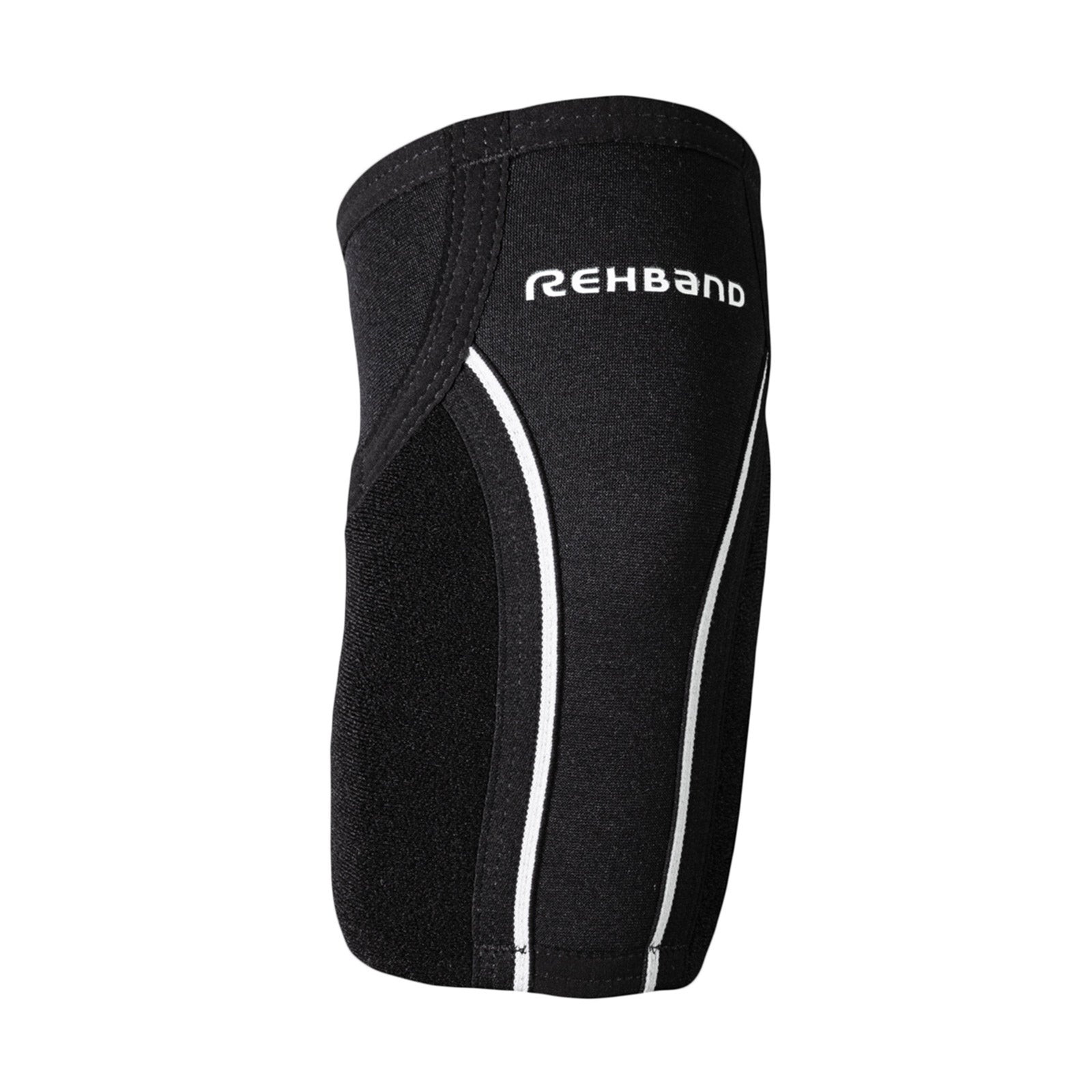 A black tennis elbow sleeve with a white Rehband lettering at the top and an adjuster at the back