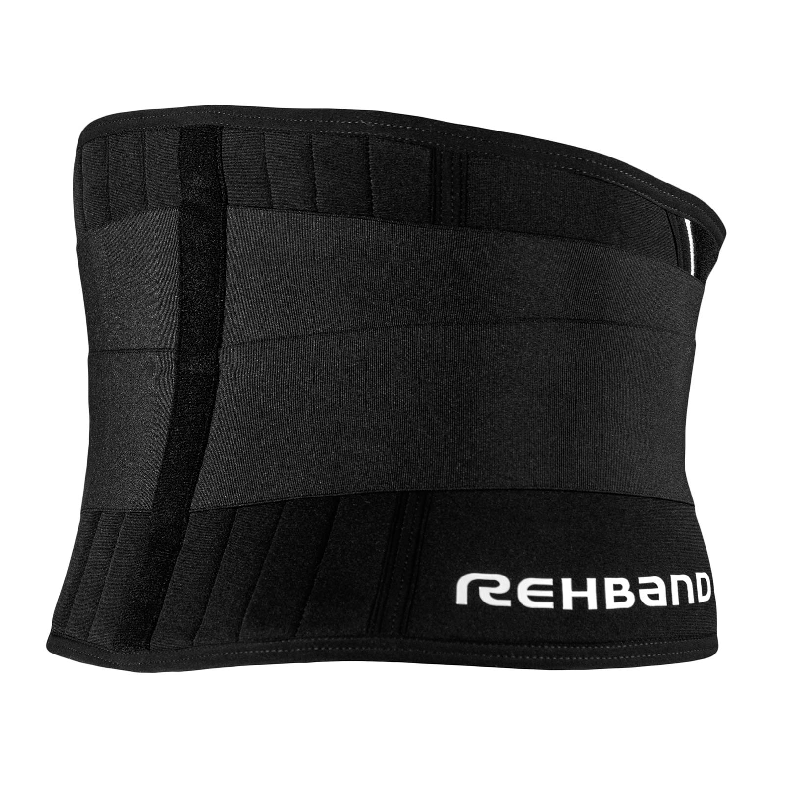 A black back support with a white Rehband lettering at the side