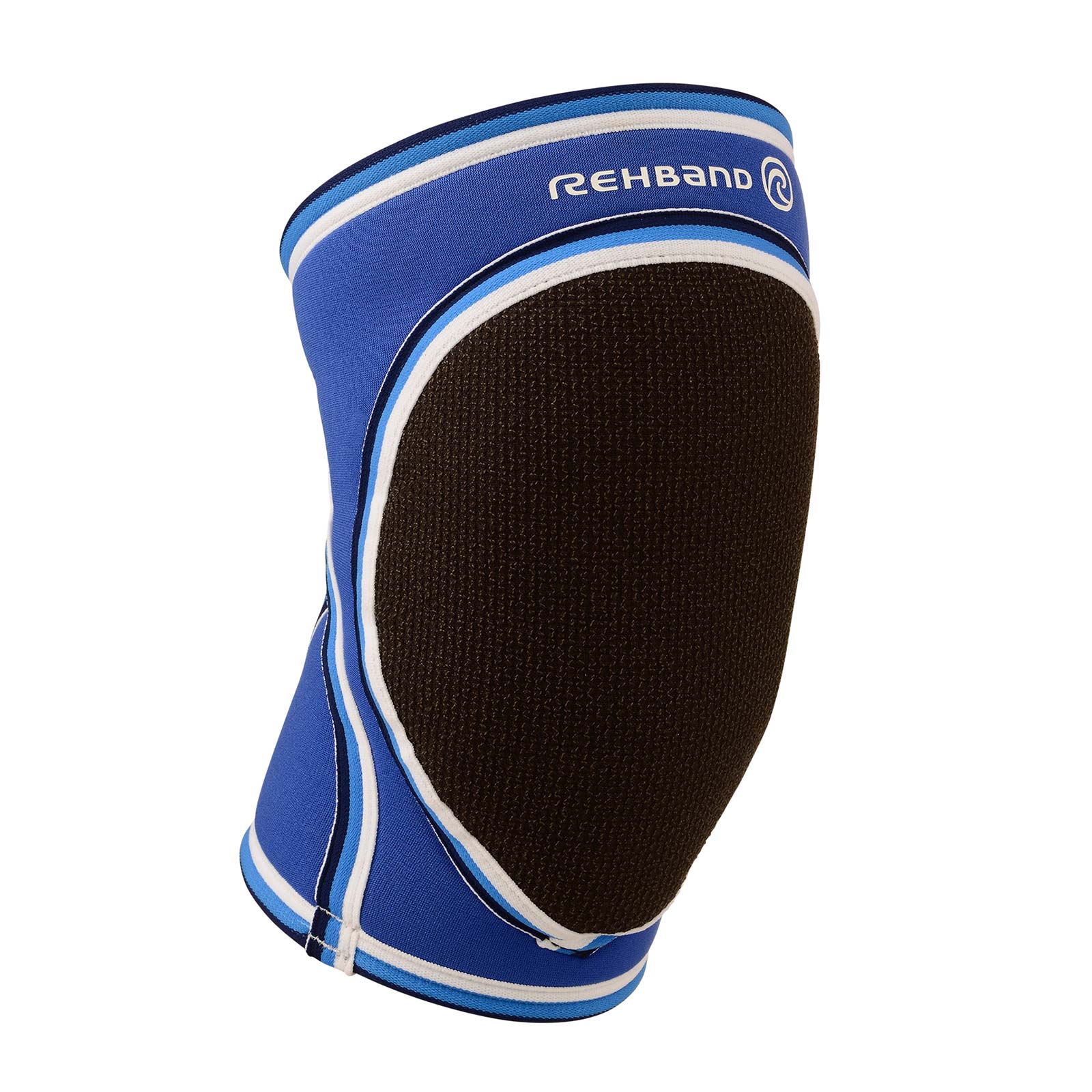 A blue padded knee sleeve with white Rehband lettering and logo on the top