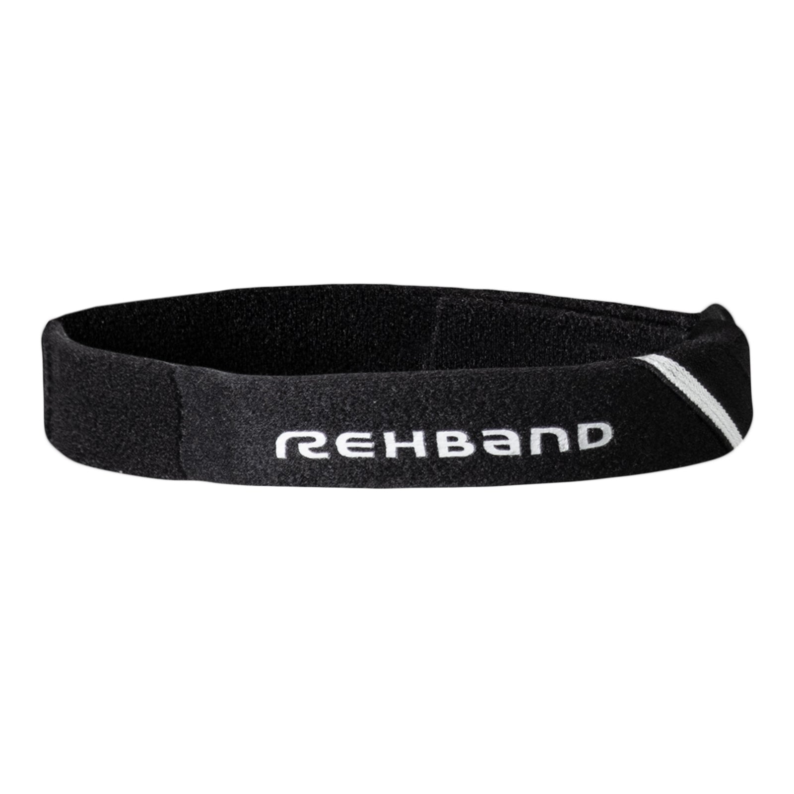 A black knee strap with a white Rehband lettering