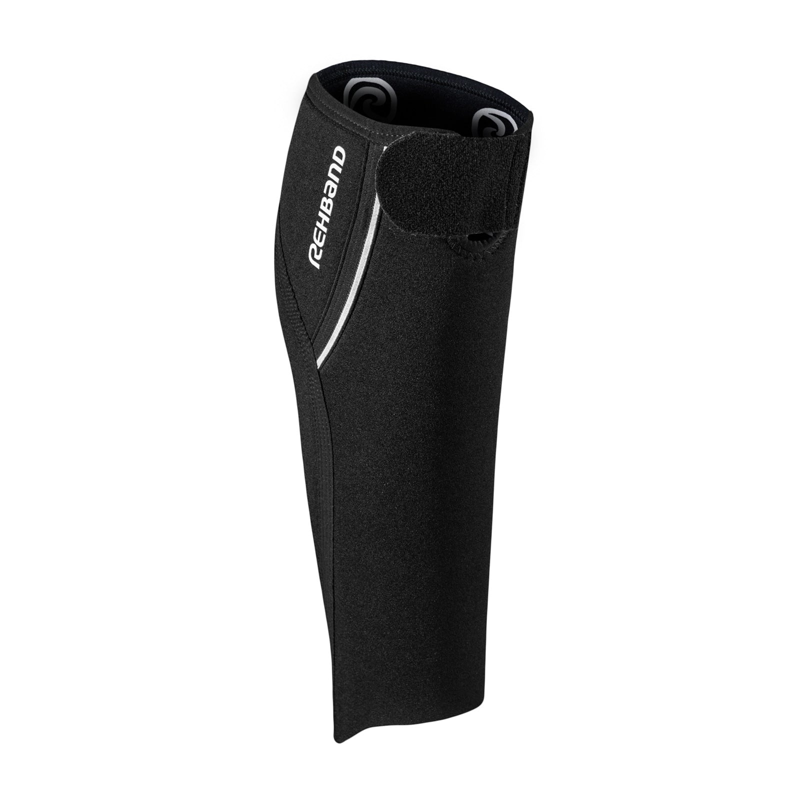 A black shin & calf sleeve with a white Rehband lettering on the side and a fastener on the top