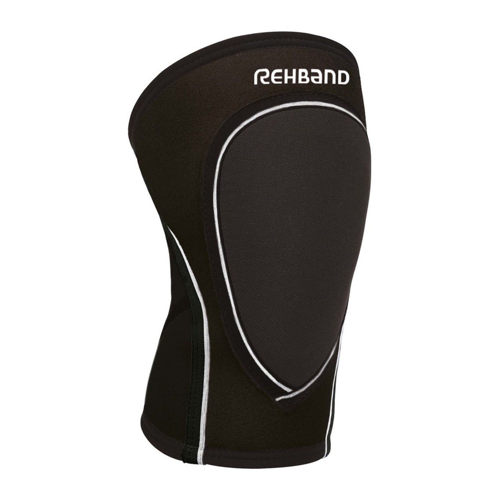 A black padded knee sleeve with a white Rehband lettering on the top