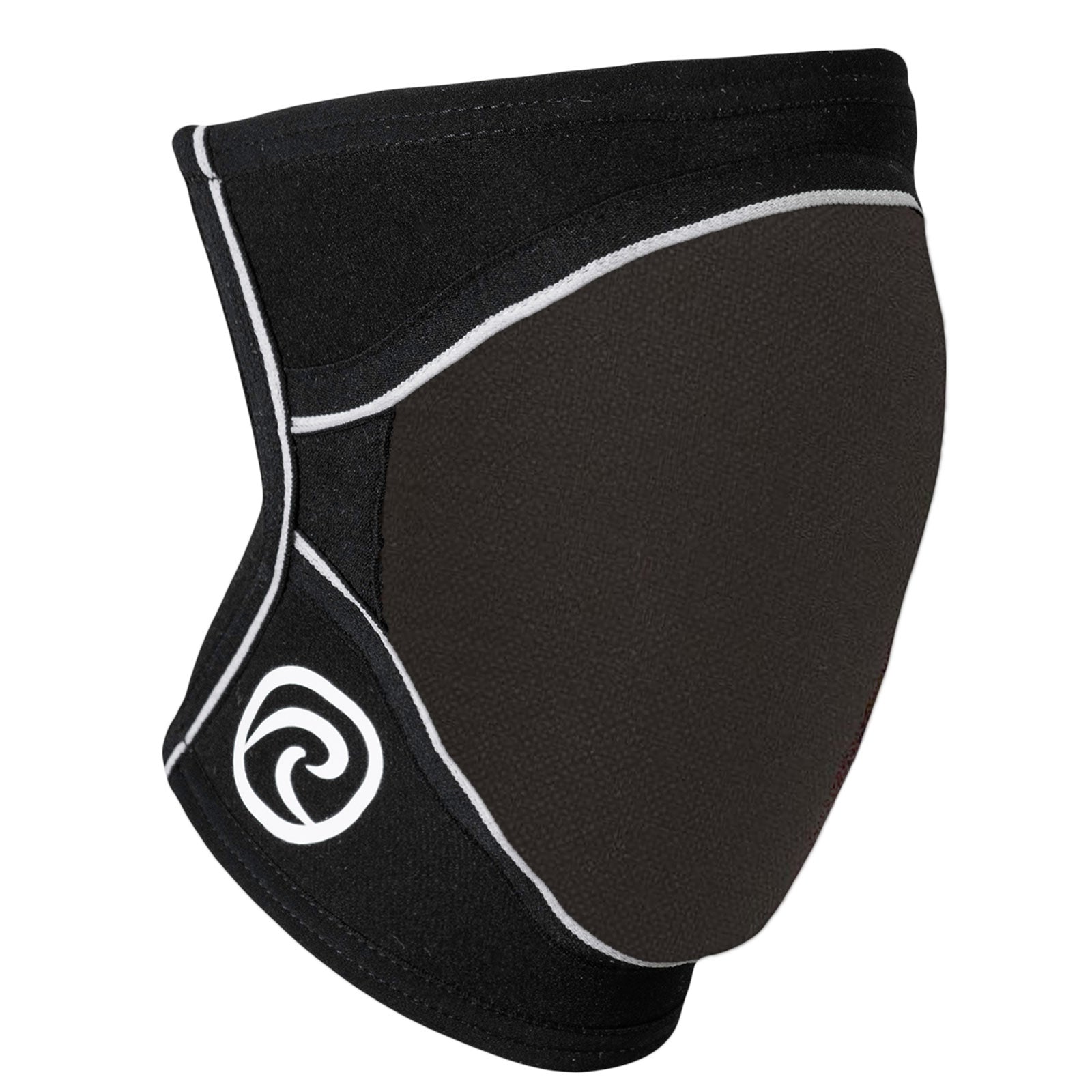 A black padded knee sleeve with a white Rehband logo on the side