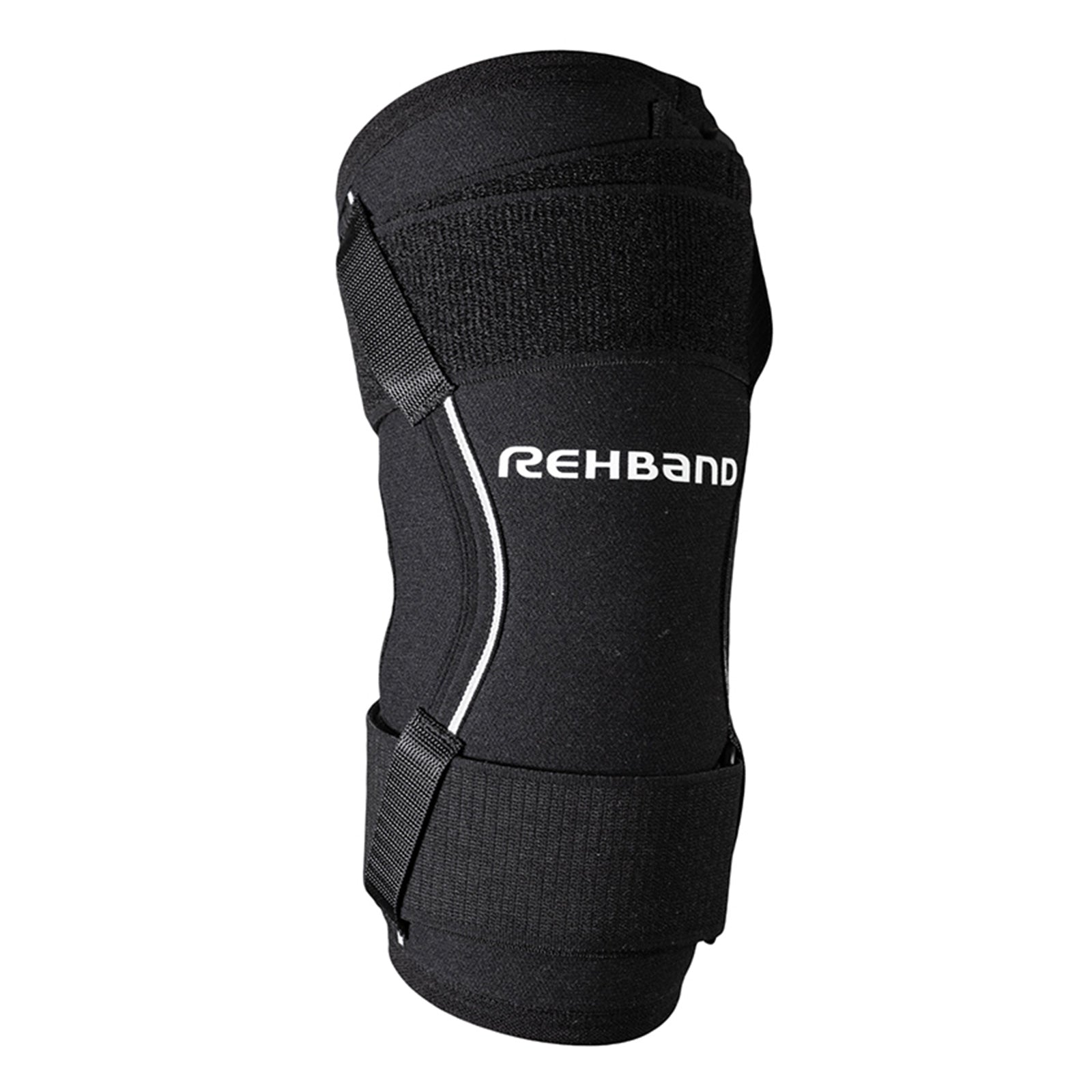 A black elbow support with two adjusters and a Rehband lettering in the center