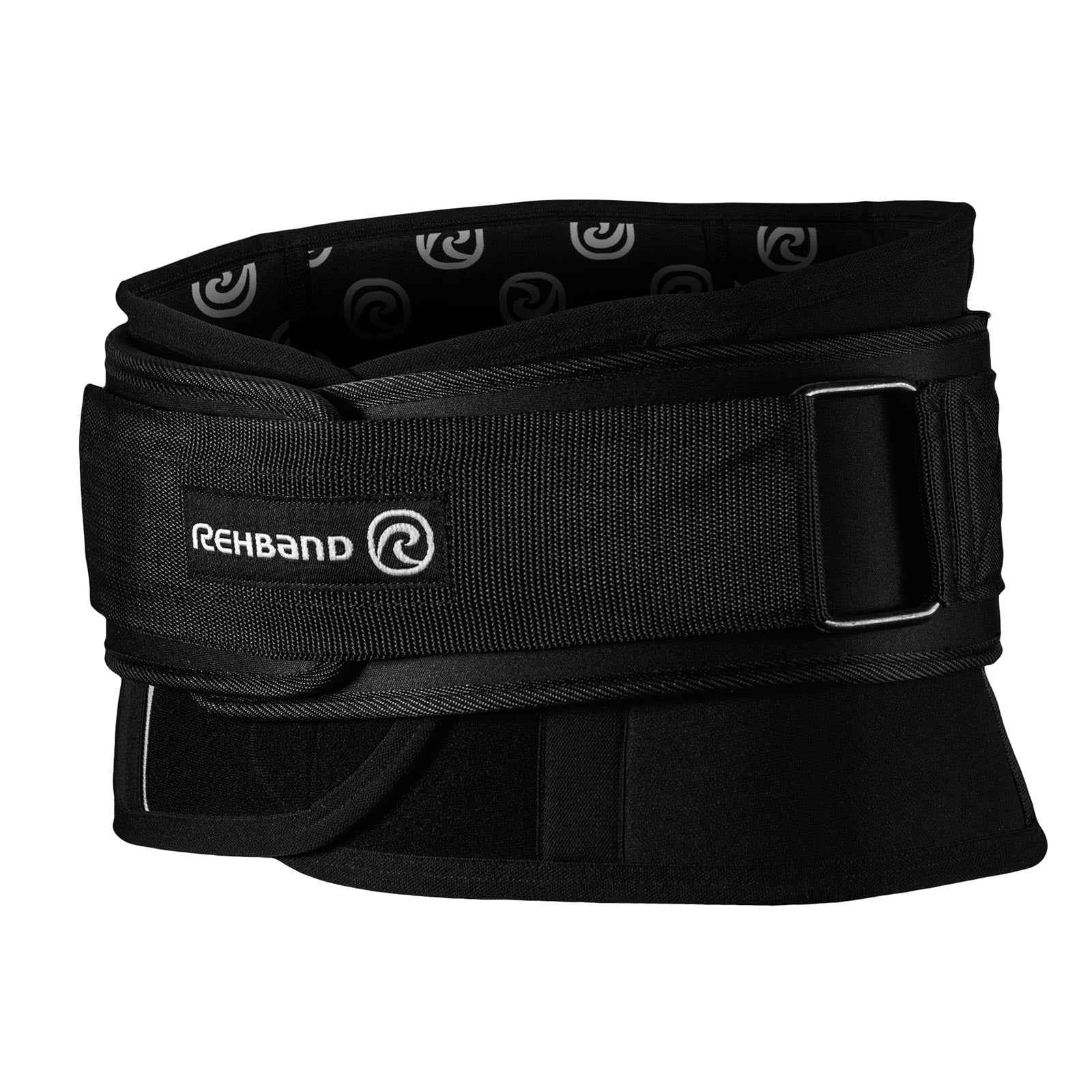 A black back support with a big adjuster with a Rehband logo on it