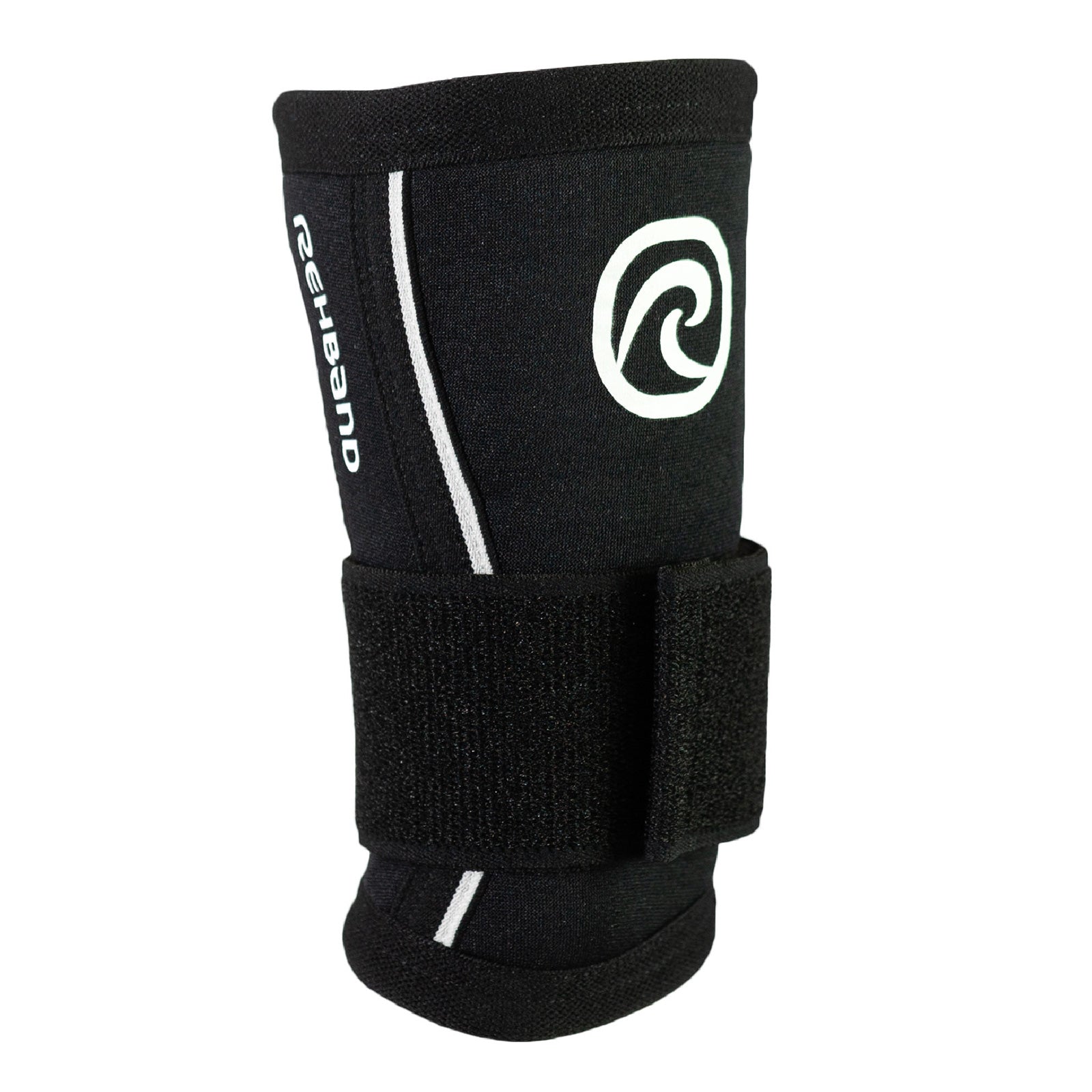 A black wrist support with a white Rehband logo at the top and lettering at the side and an adjuster