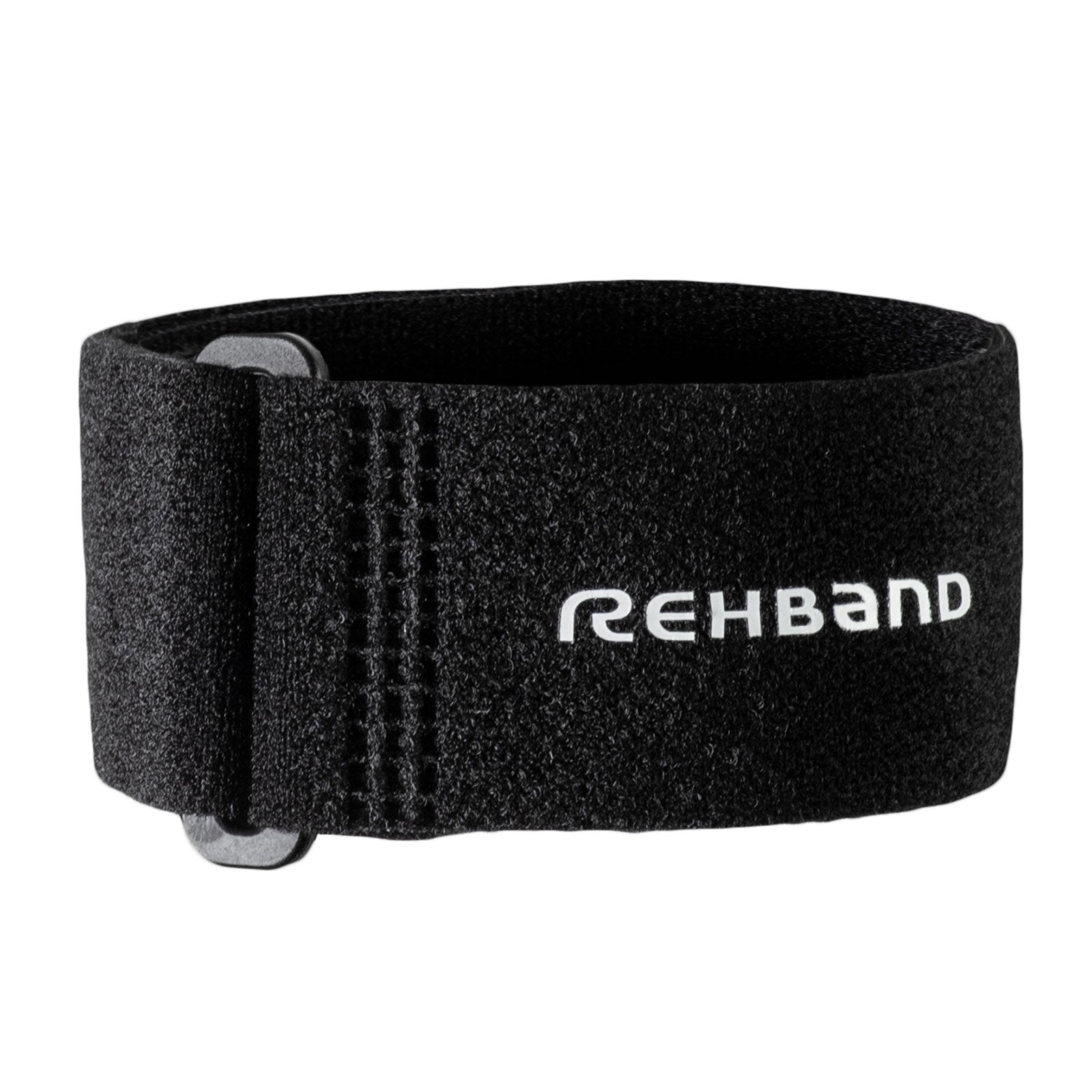 A black tennis elnow strap with a white Rehband lettering in the center and an adjuster