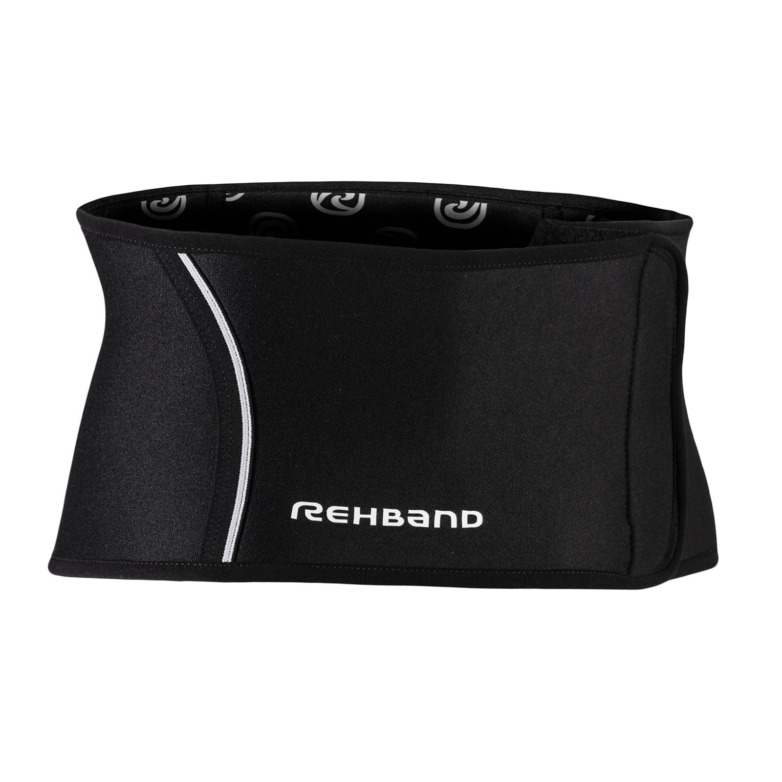 A black back support with a white Rehband lettering at the back