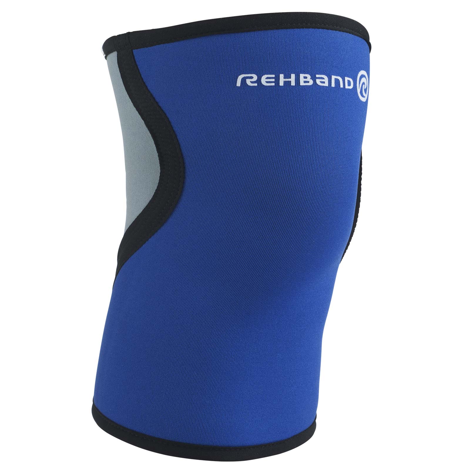 A blue and light blue knee sleeve with a white Rehband lettering and logo on the top