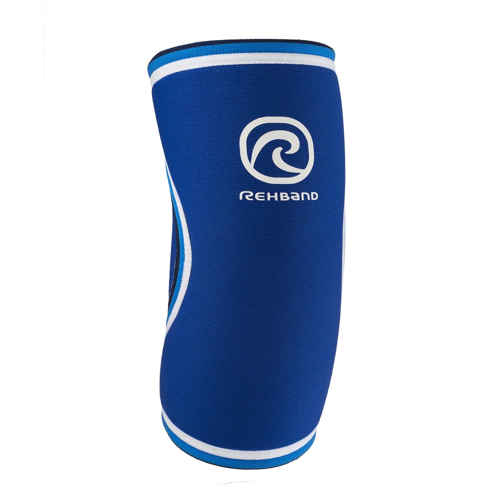 A blue elbow sleeve with a white Rehband lettering and logo at the top