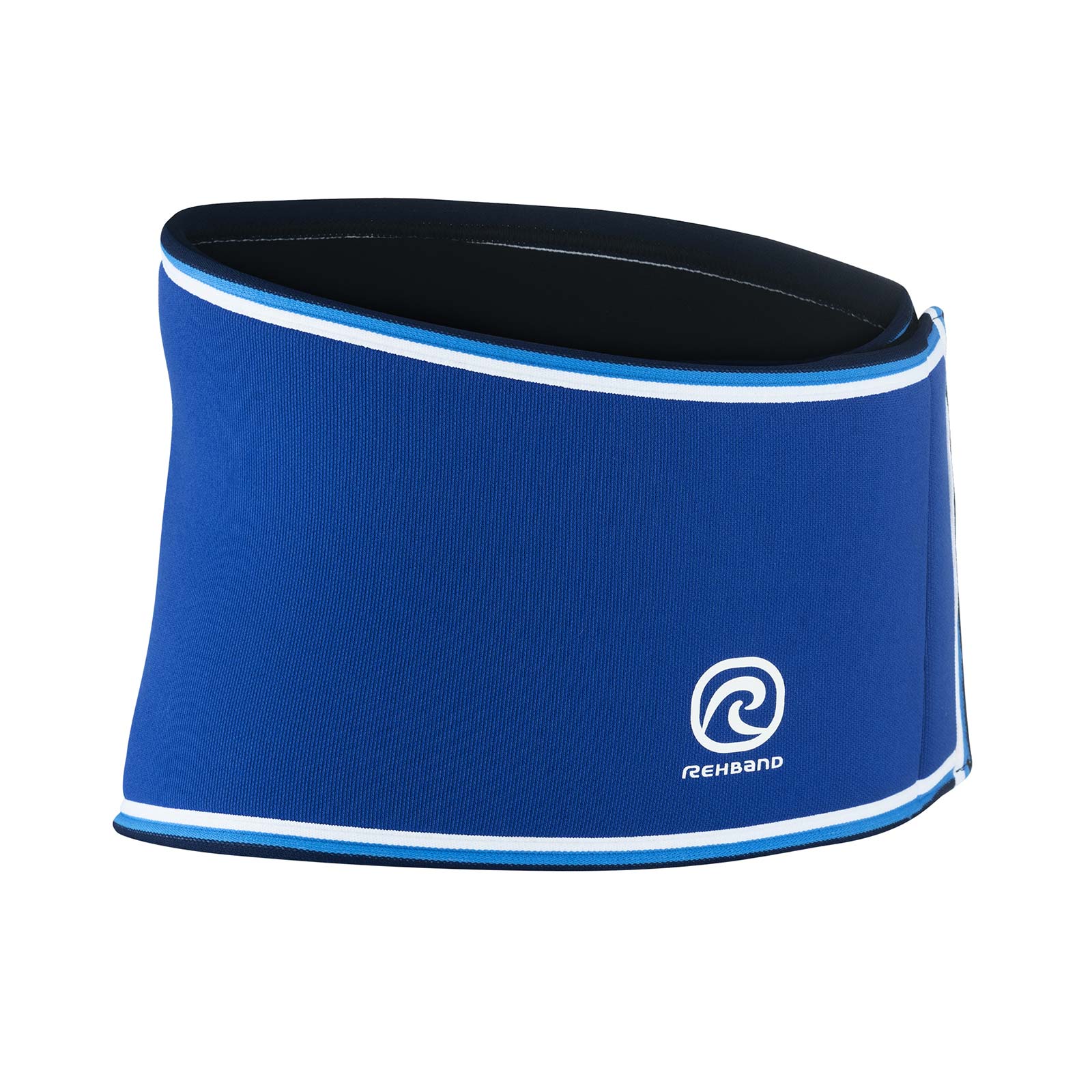 A blue back support with a white Rehband logo at the front