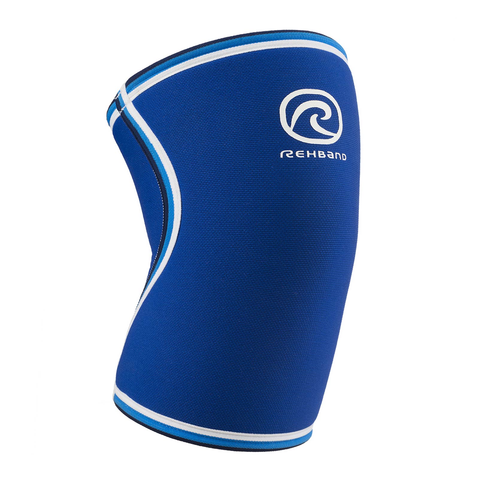 A blue knee sleeve with a white Rehband lettering and logo at the top