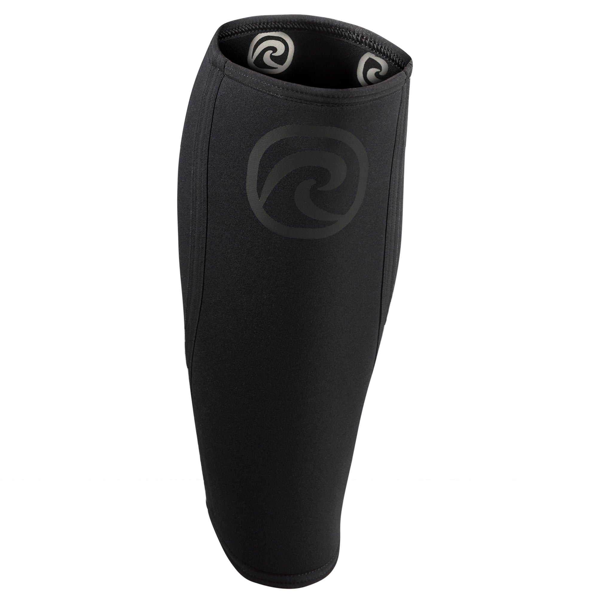 A black shin & calf sleeve with a black Rehband logo at the top