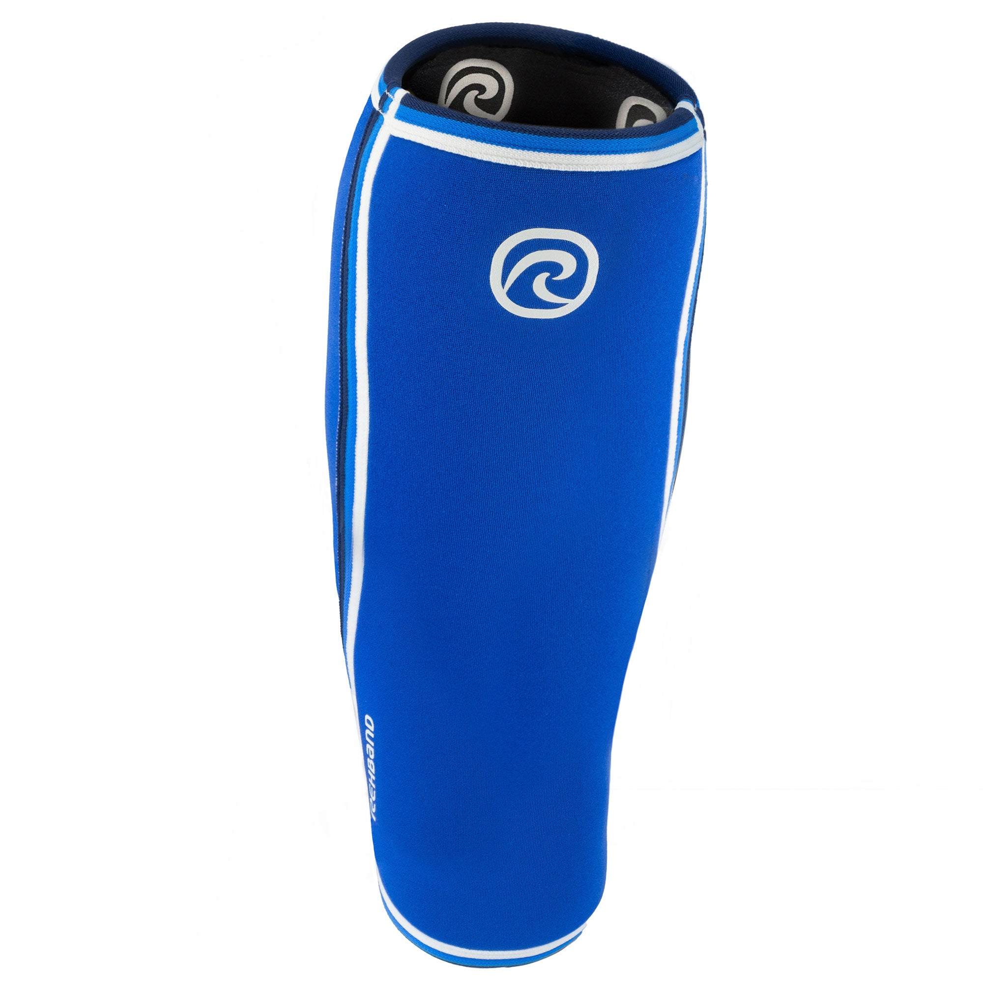 A blue shin & calf sleeve with a white Rehband logo at the top