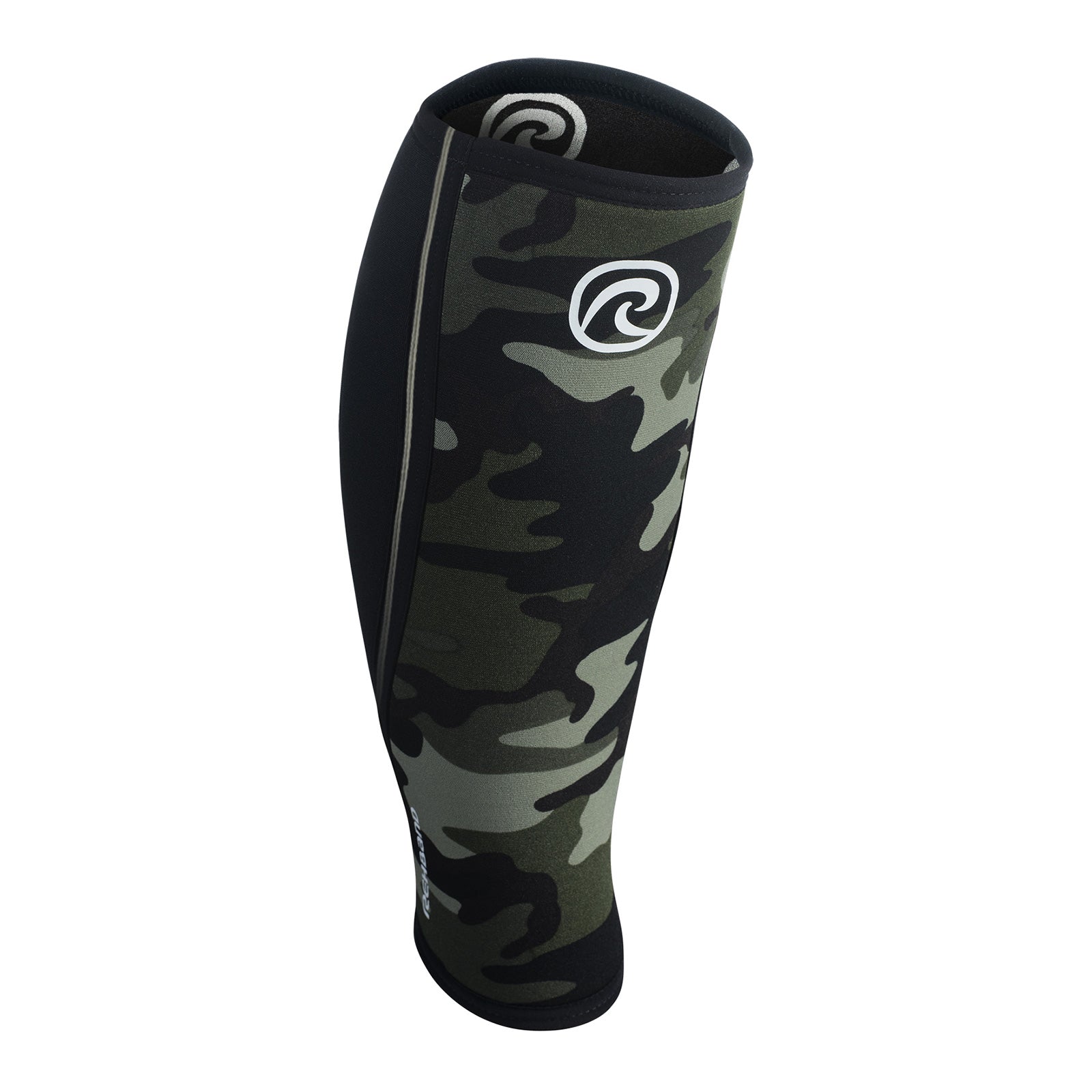 A camo shin & calf sleeve with a white Rehband logo at the top