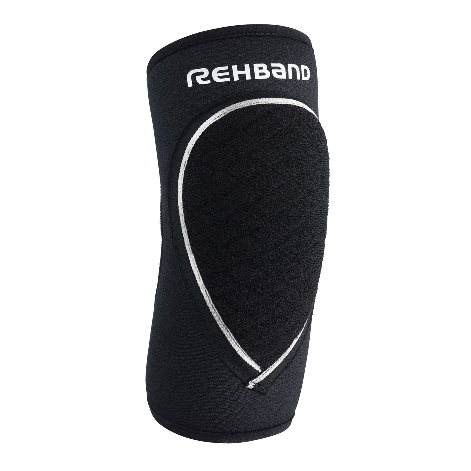 A black padded elbow sleeve with a white Rehband  lettering on the top