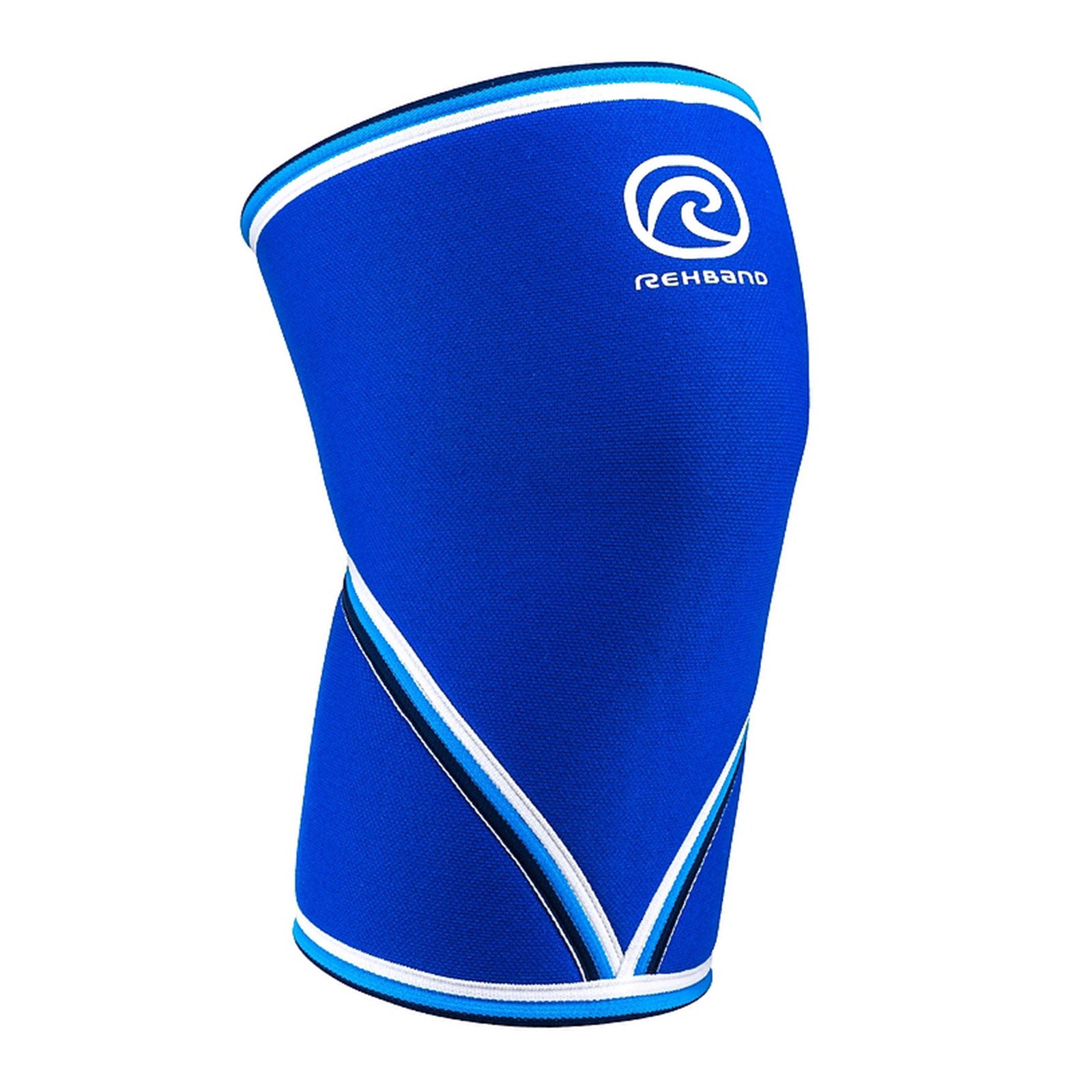 A blue knee sleeve with a white Rehband lettering and logo at the top