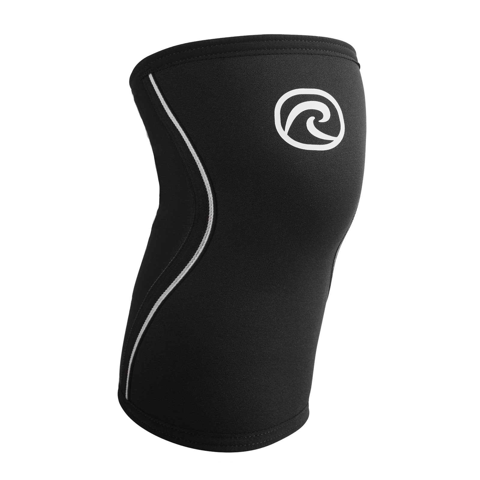 A black knee sleeve with a white Rehband logo at the top