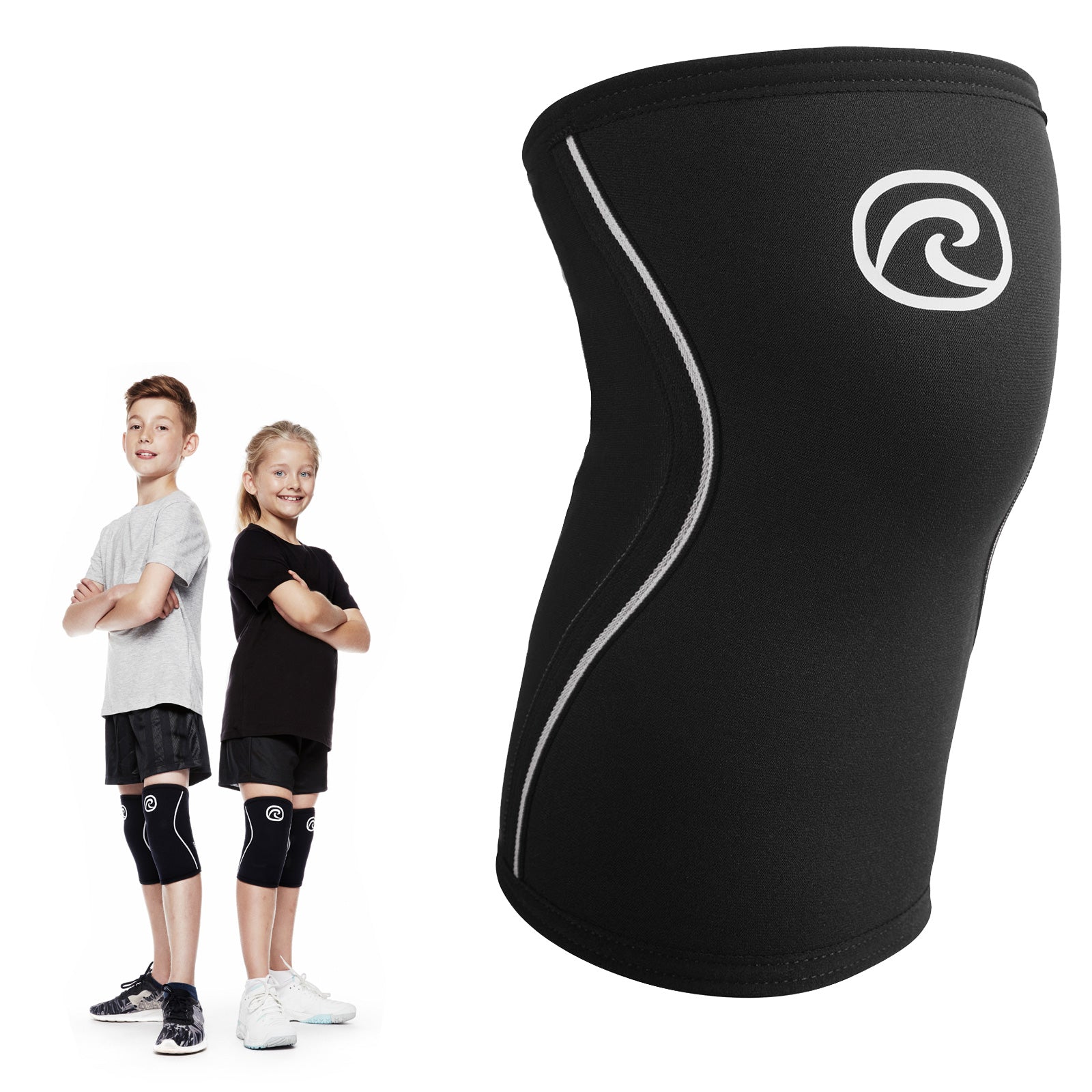 A black knee sleeve with a white Rehband logo at the top for kids