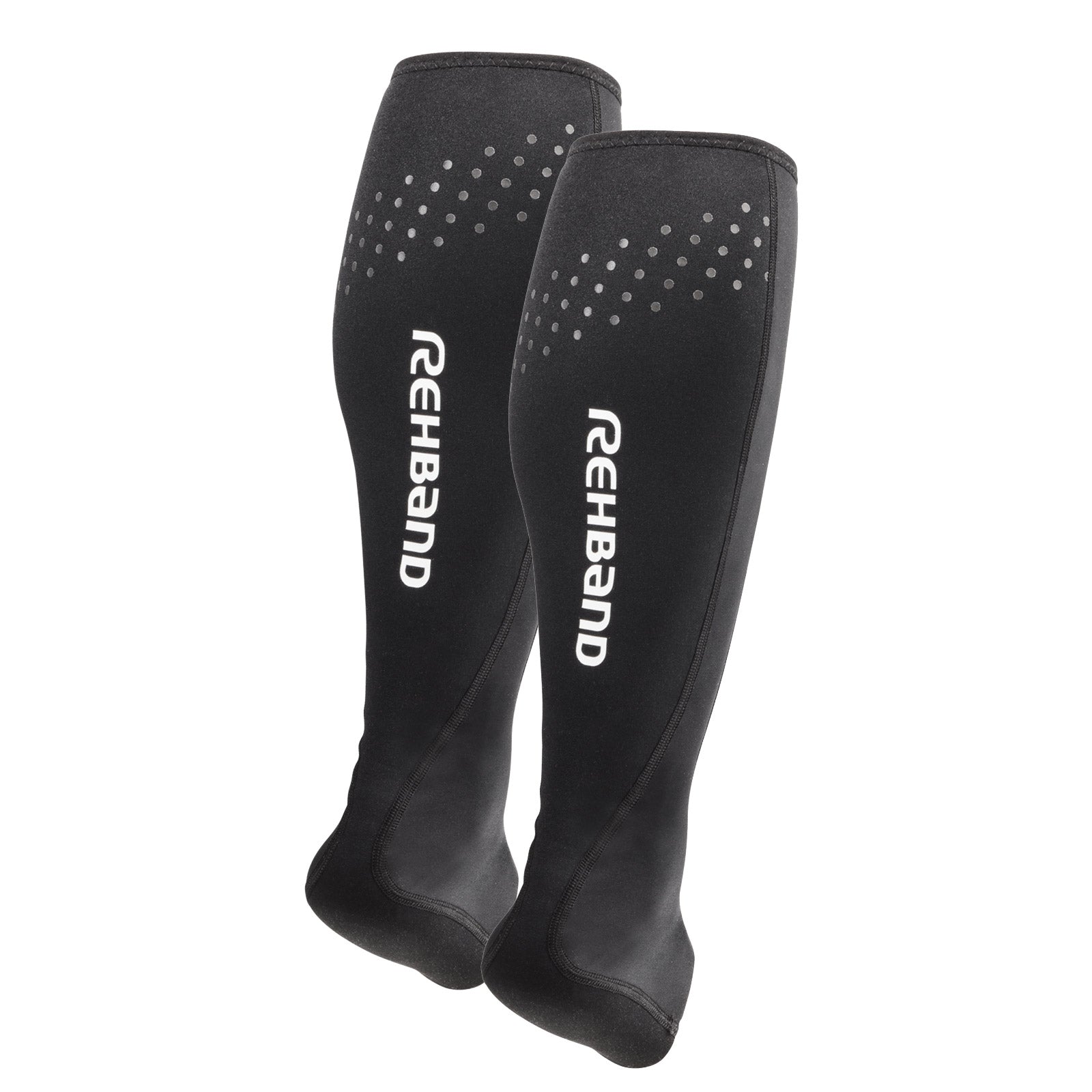 Two black achilles/calf sleeves with a whtite Rehband lettering at the back
