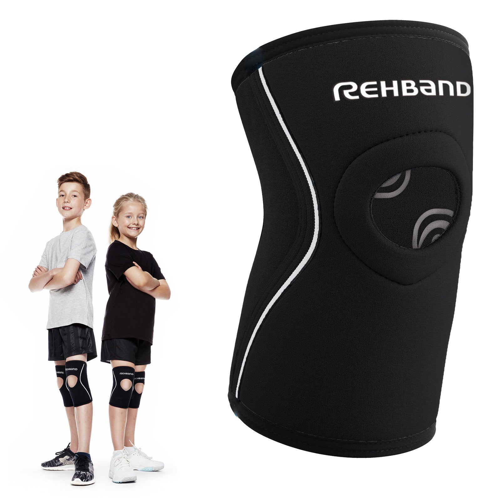A black knee sleeve for kids with a patella opening in the center and a white Rehband lettering at the top