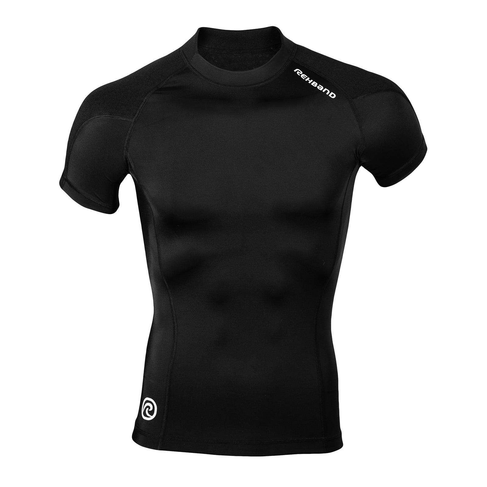 A black thermal zone top for men with a white rehband lettering at the top and logo at the bottom
