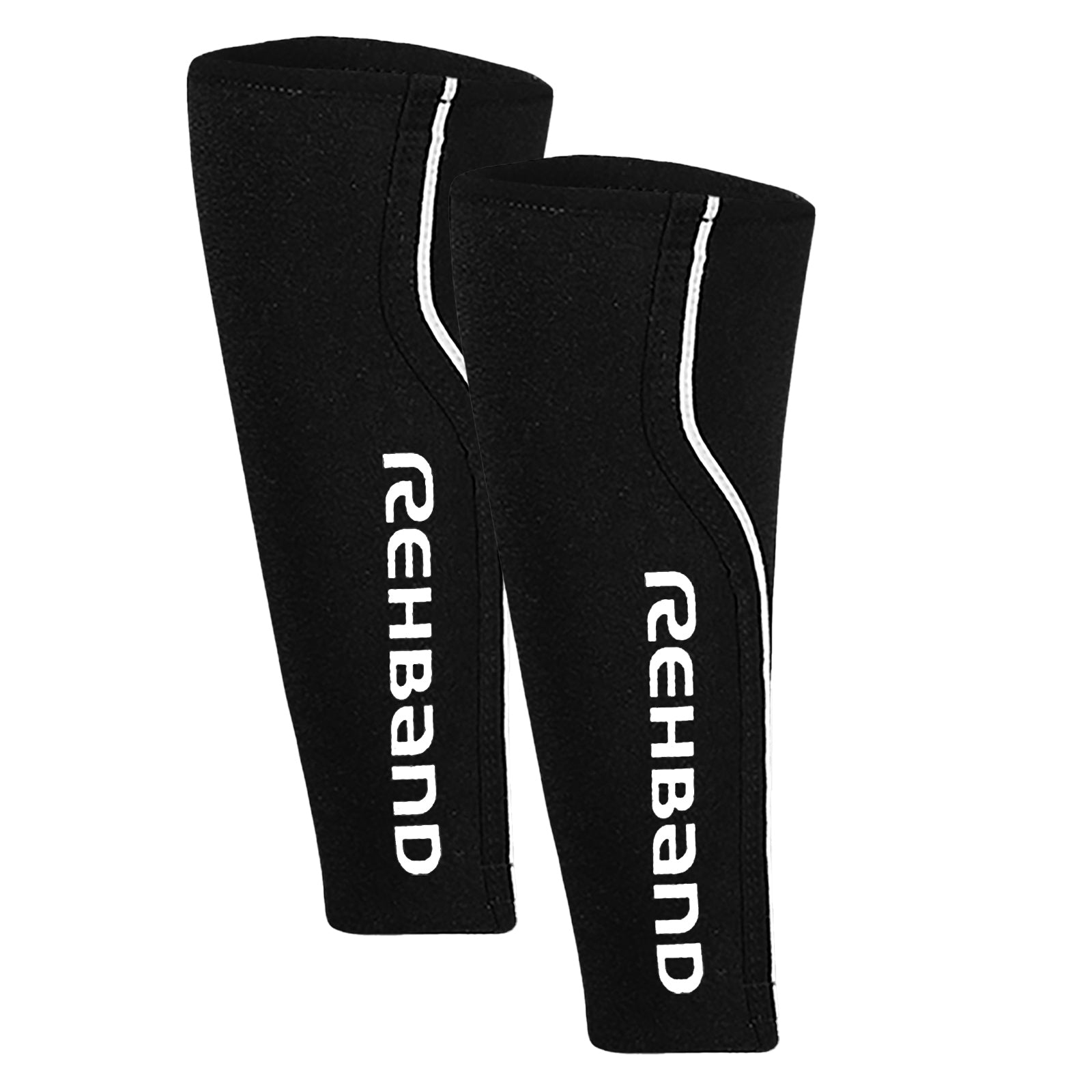 Two black forearm sleeves with a white Rehband lettering at the side