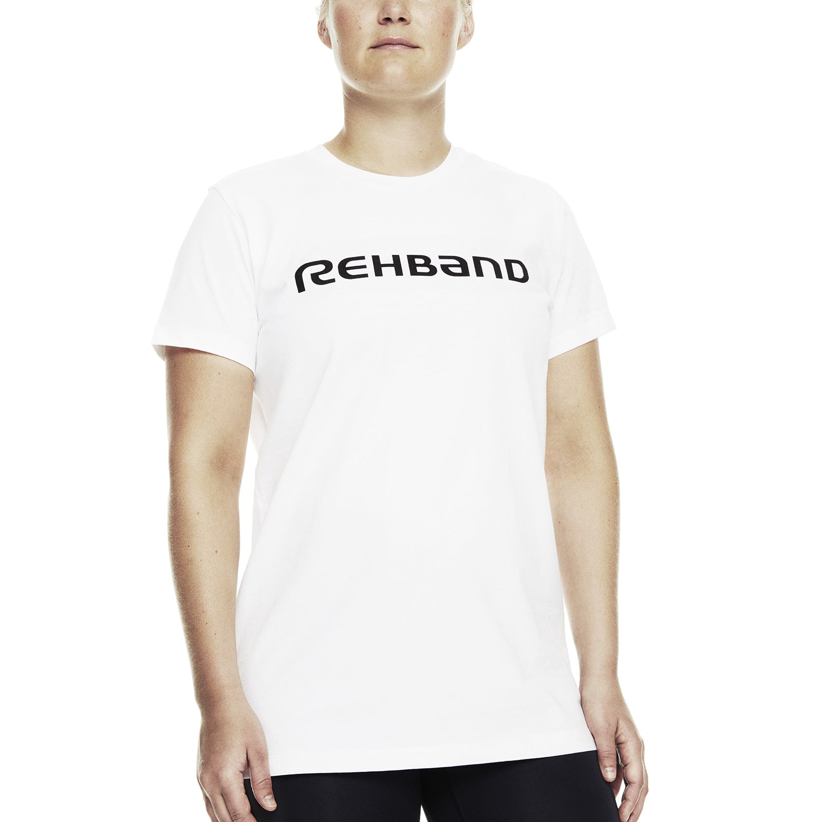 A white t-shirt with a black Rehband lettering in the center
