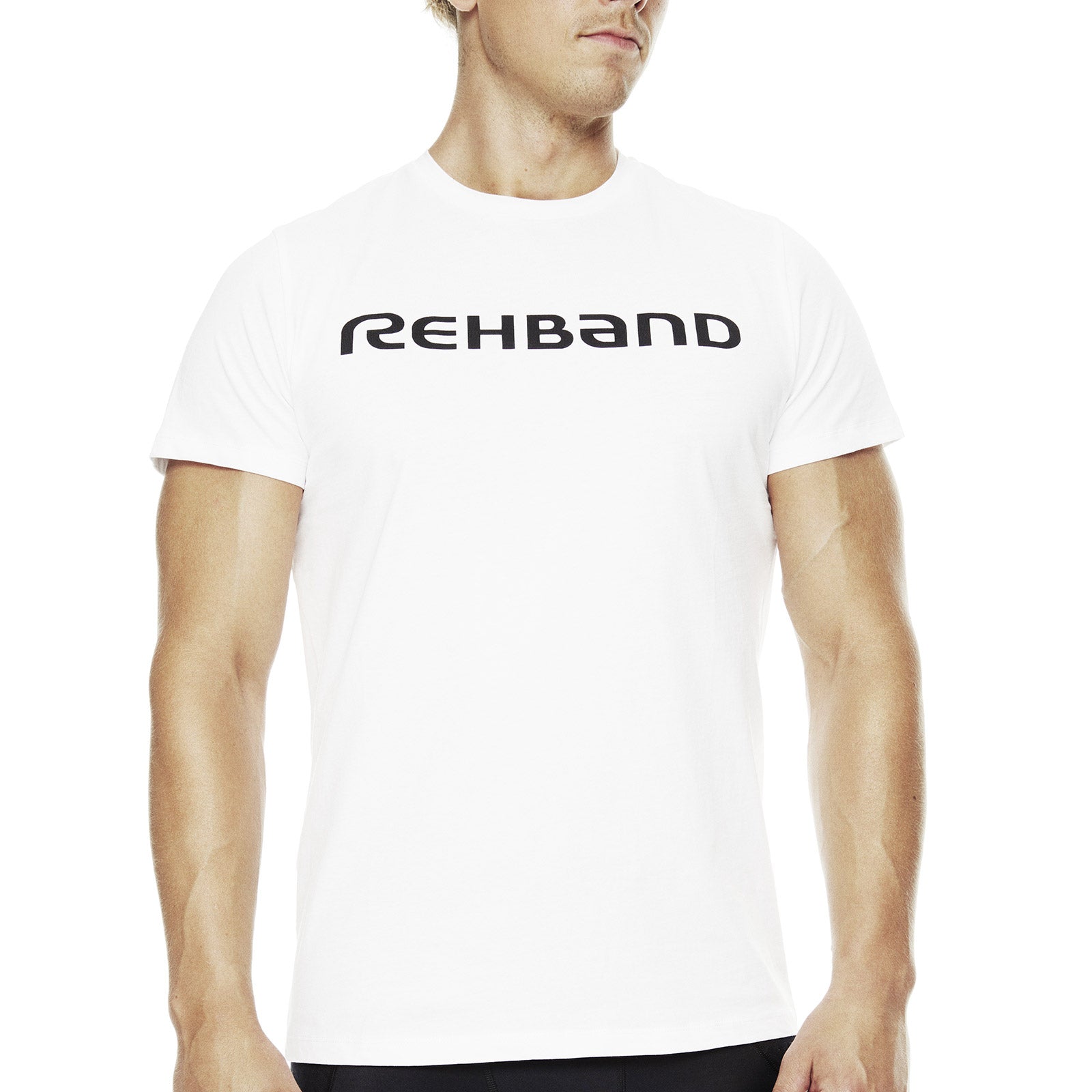 A white t-shirt with a black Rehband lettering in the center