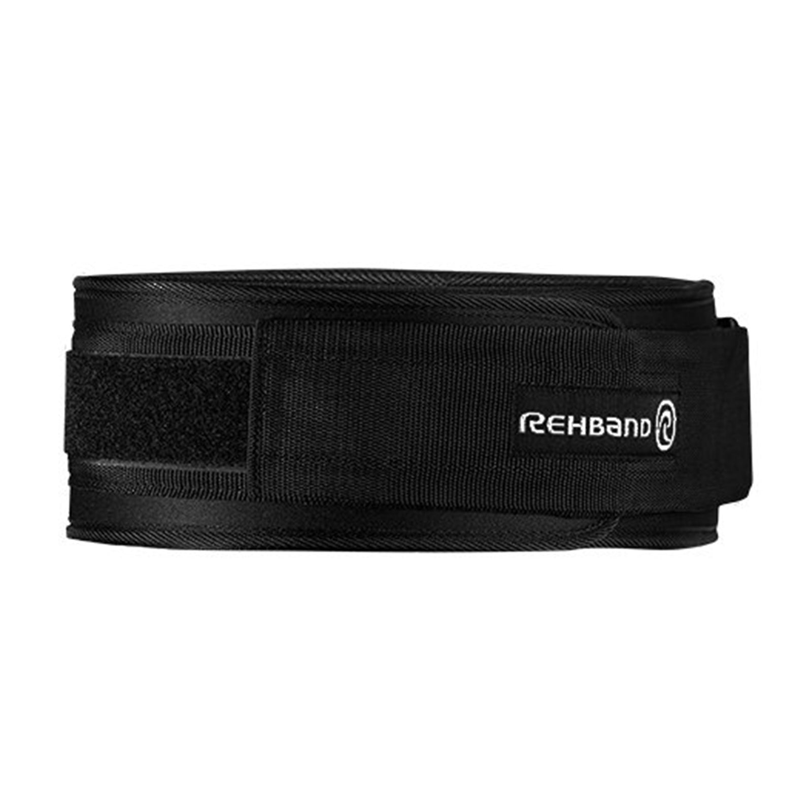 A black lifting belt with a adjuster and a Rehband logo on it