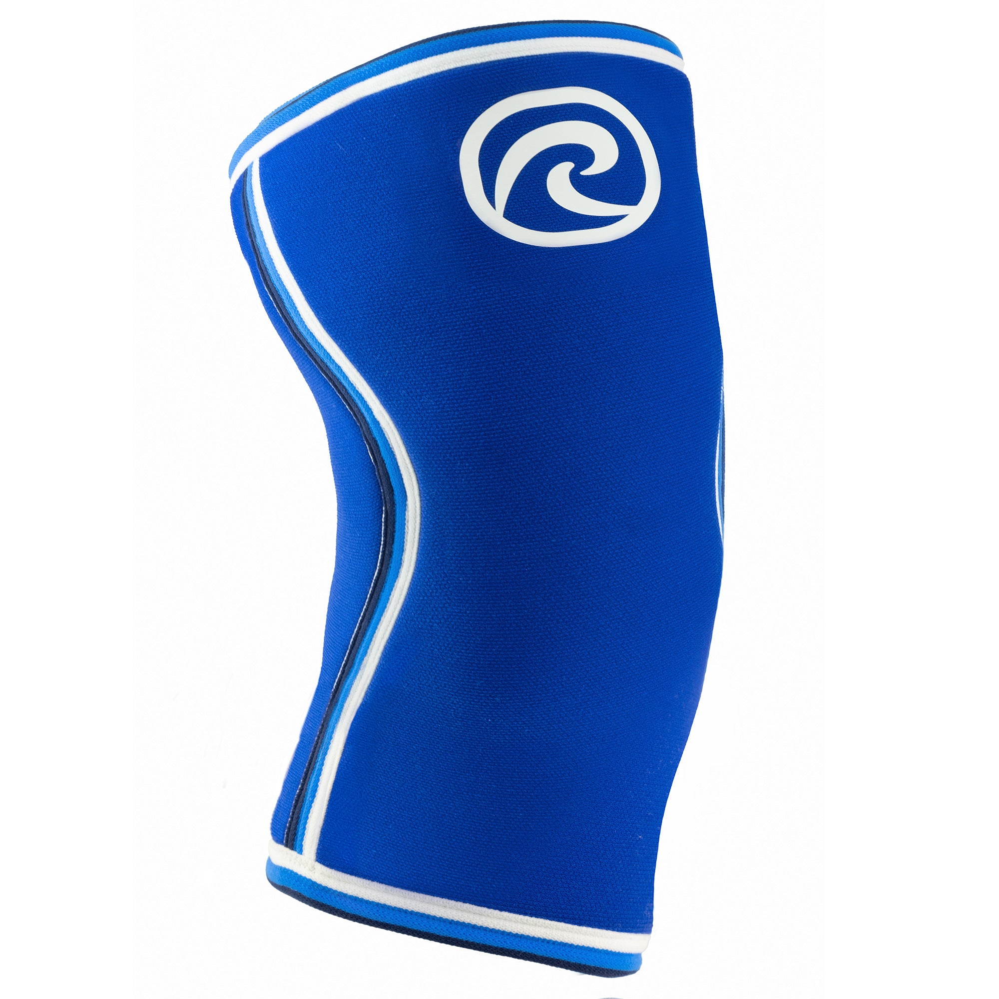 A blue/white knee sleeve with a white Rehband logo at the top