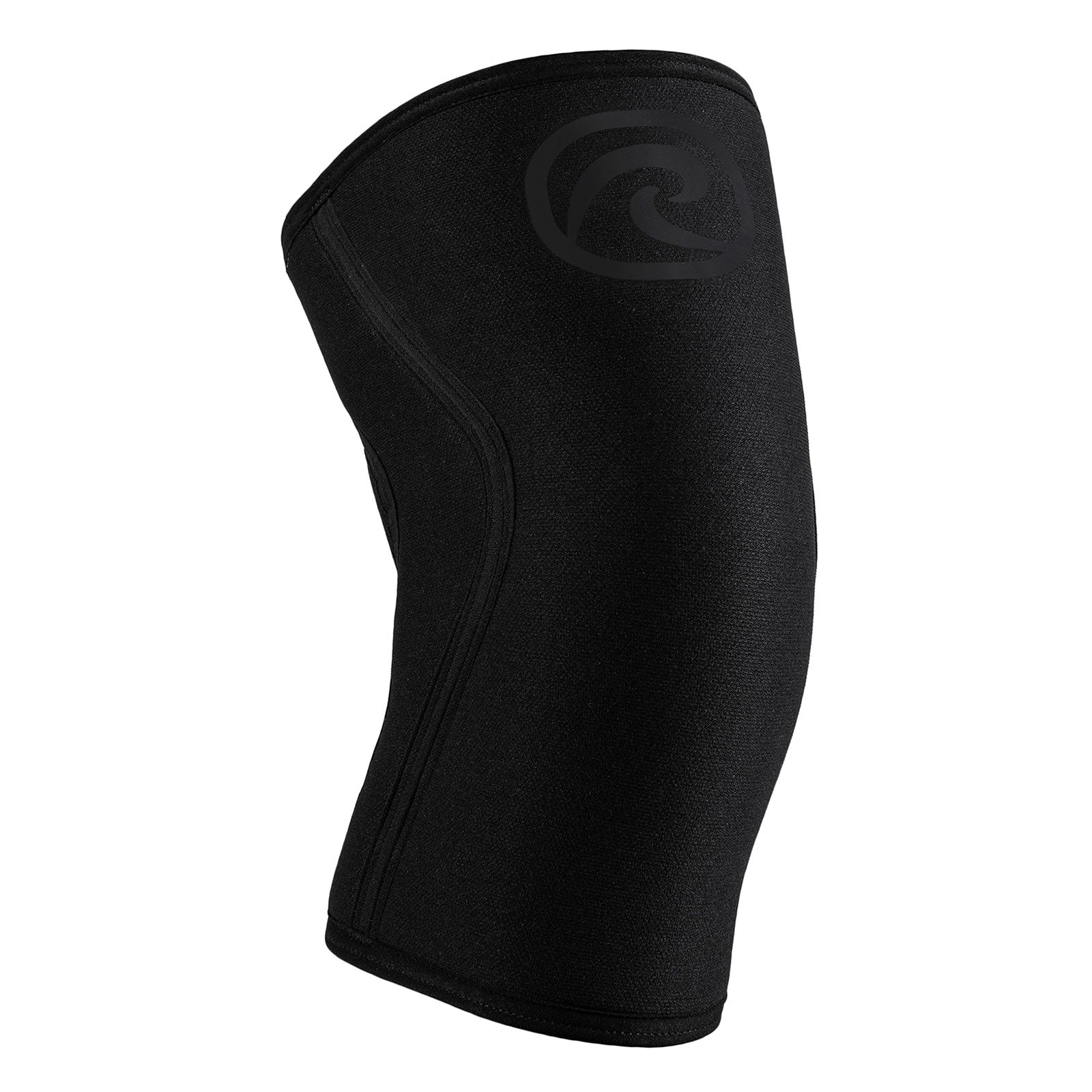 A black knee sleeve with a black Rehband logo at the top