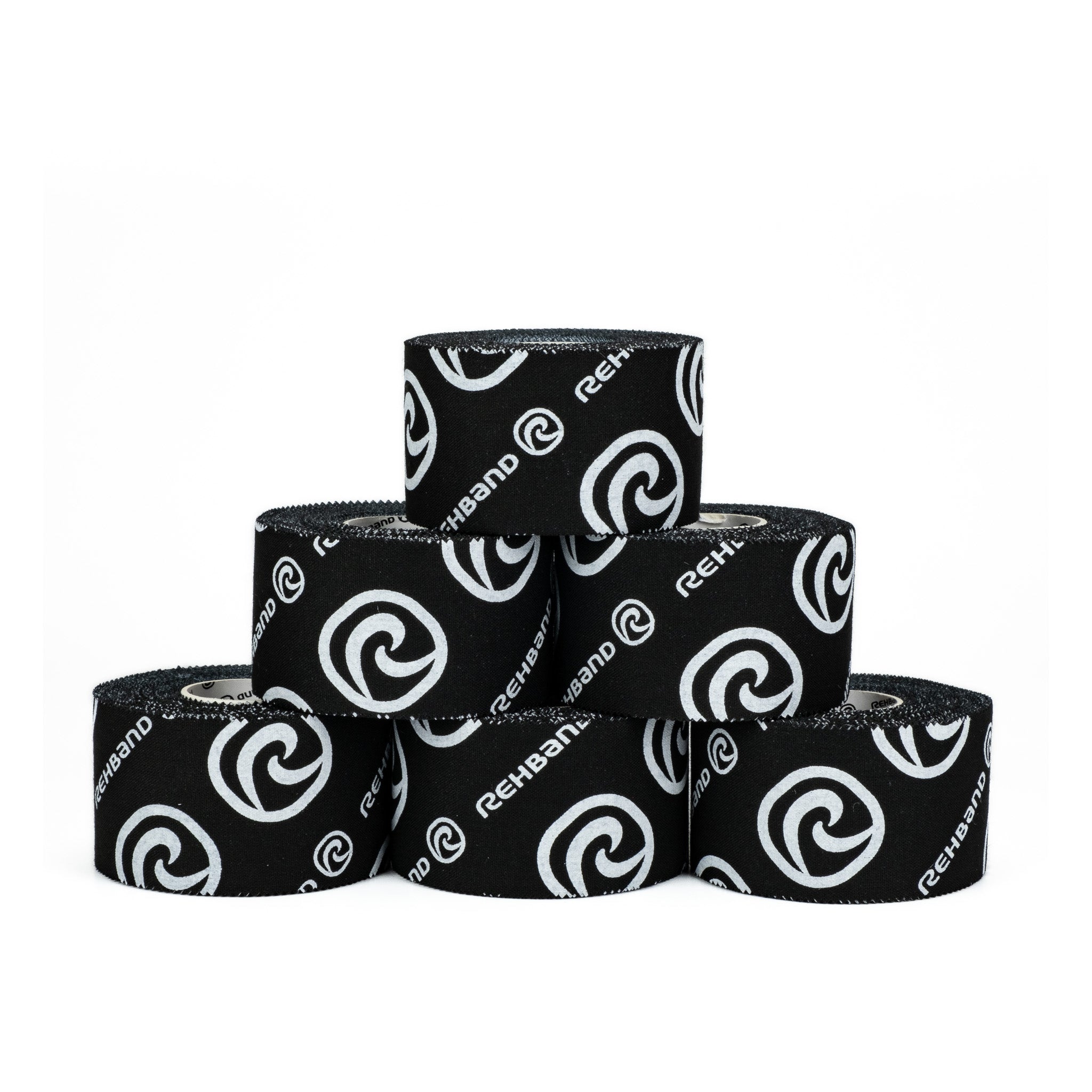 6 rolls of black sports tape with white Rehband lettering and logo