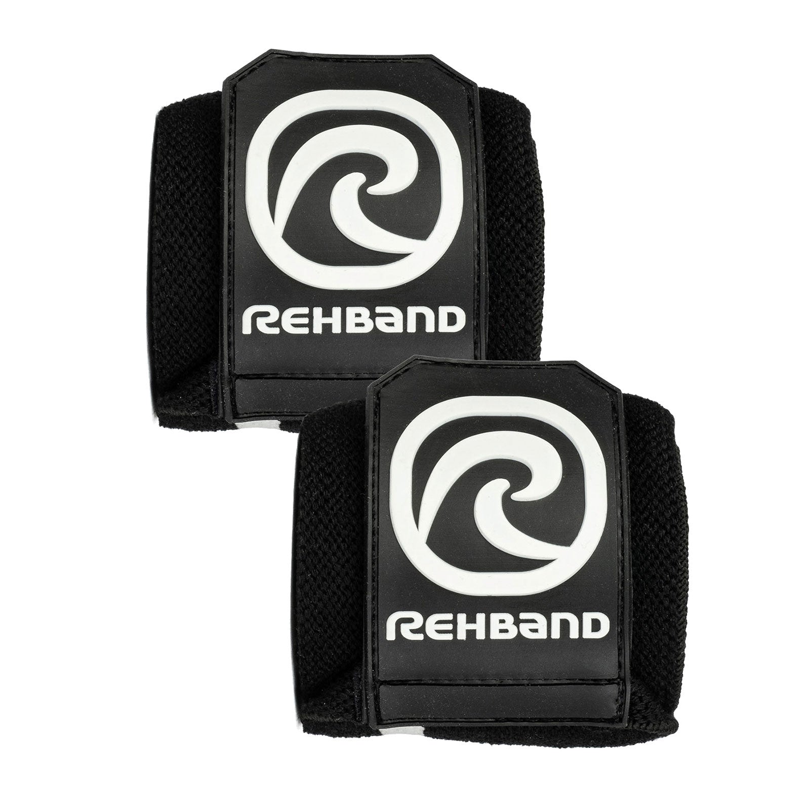 Two black wrist wraps with a white Rehband patch on it