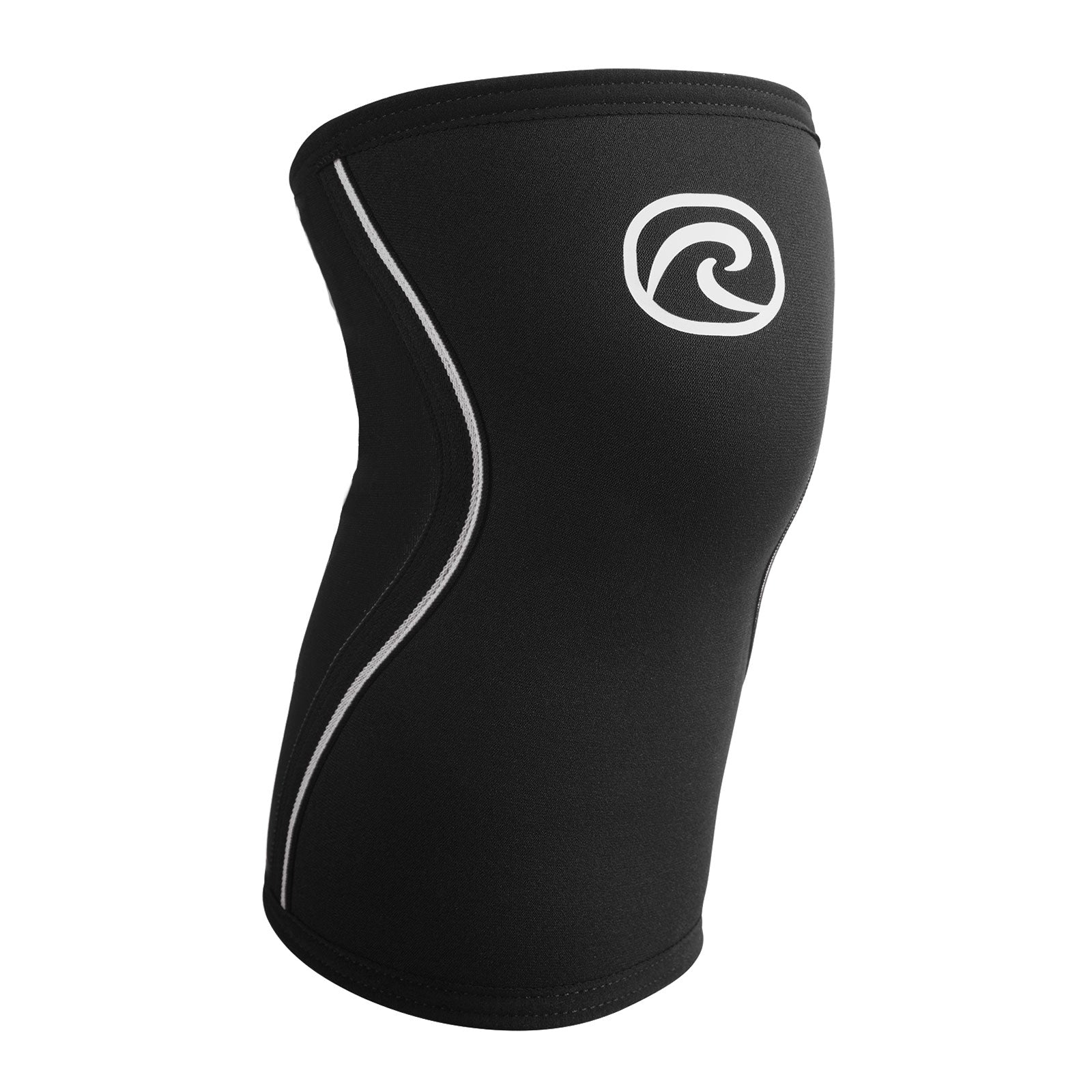 A black knee sleeve with a white Rehband logo at the top