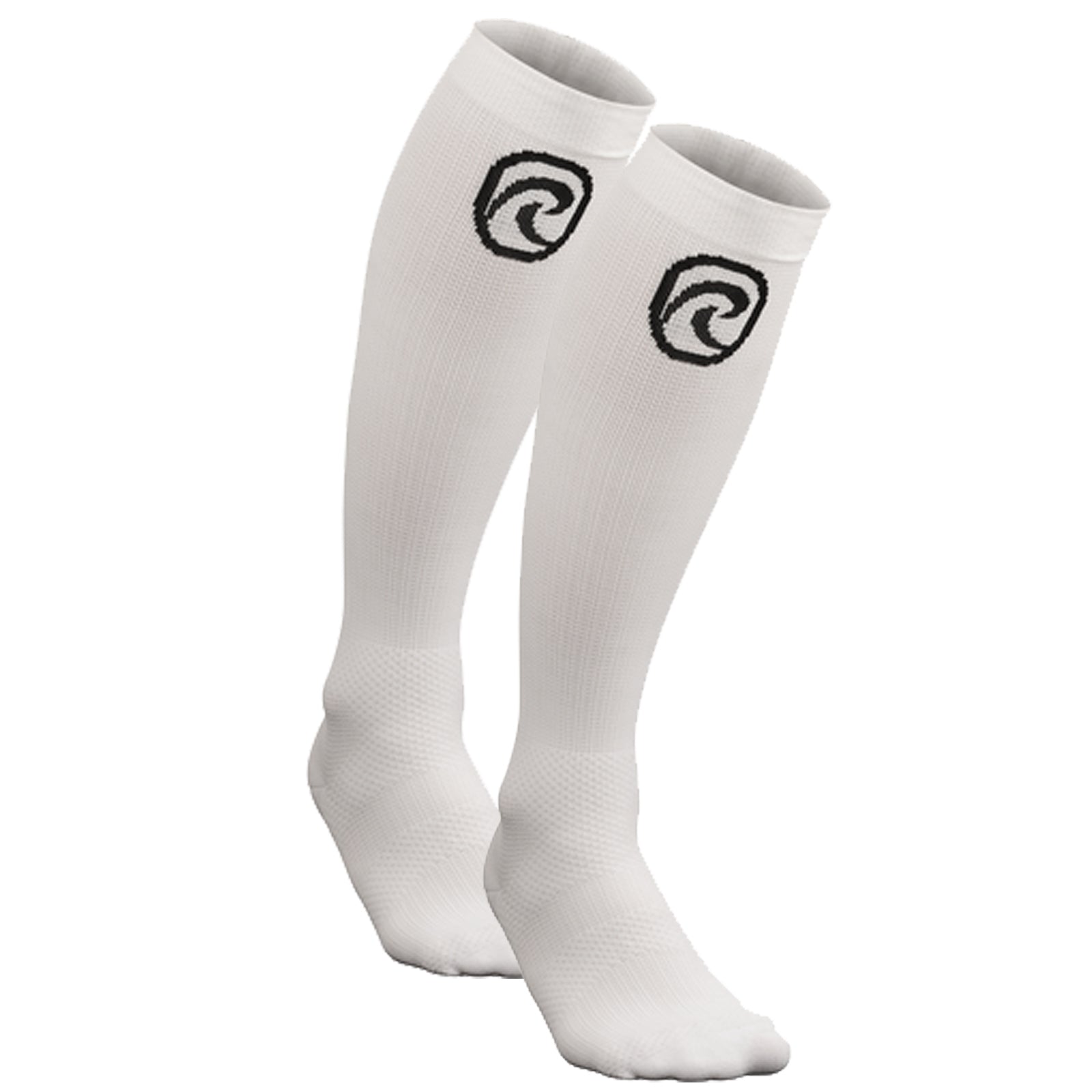 two white compression socks for running with black rehband logo