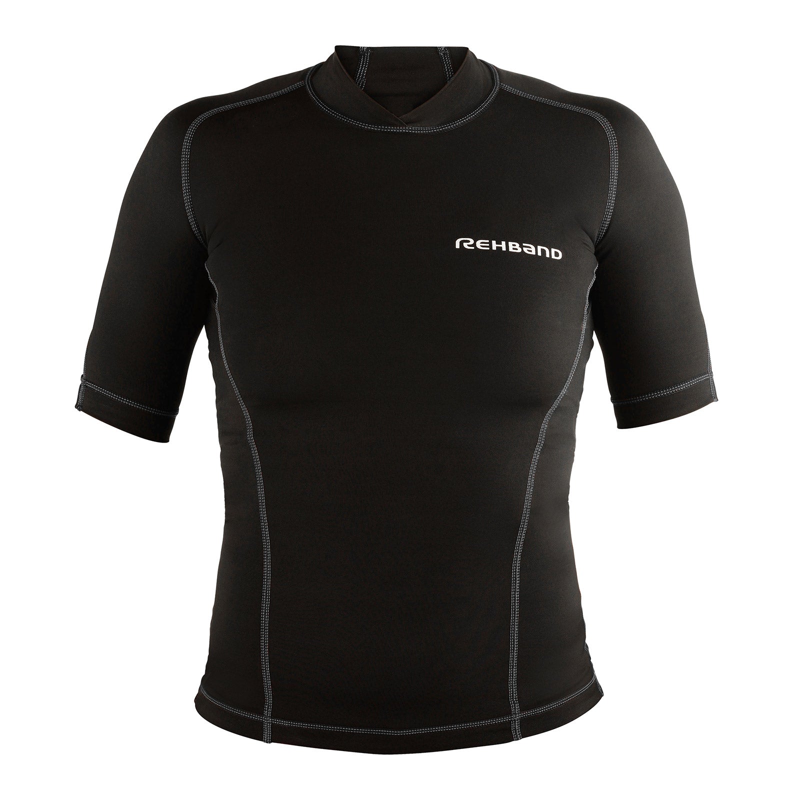 A black compression top for women with a white Rehband lettering on the chest