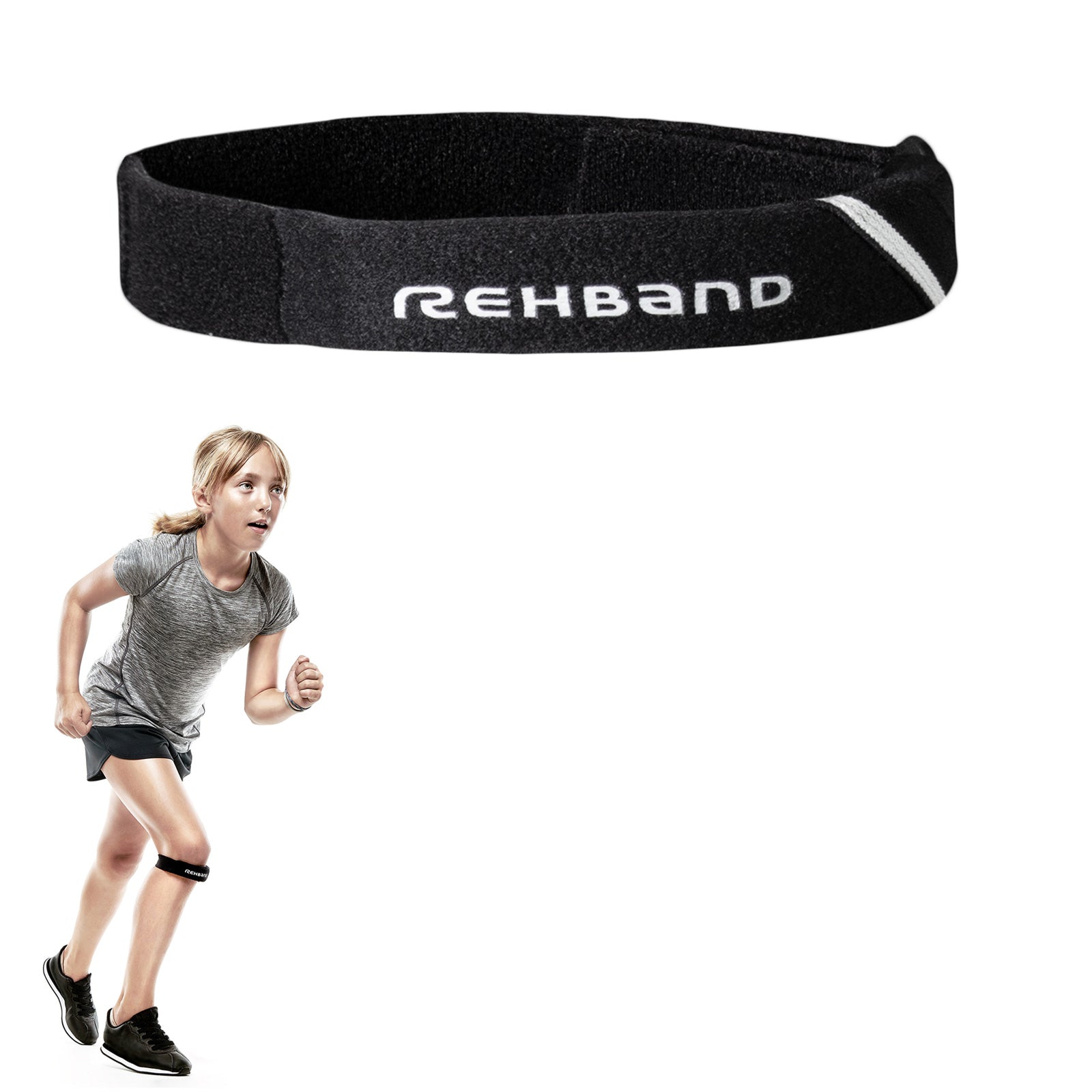 A black knee strap for kids with a white Rehband lettering