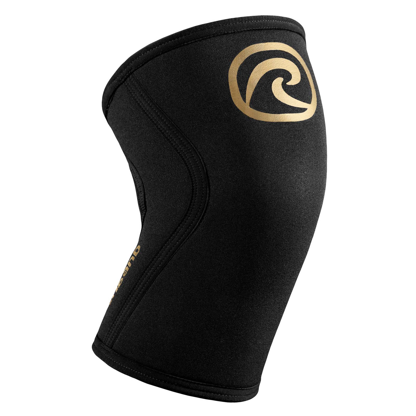 A black knee sleeve with a golden Rehband logo at the top